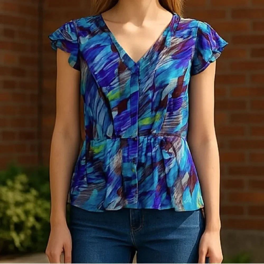 Vintage Worthington Shear Blue & Black Blouse Size Petite Large